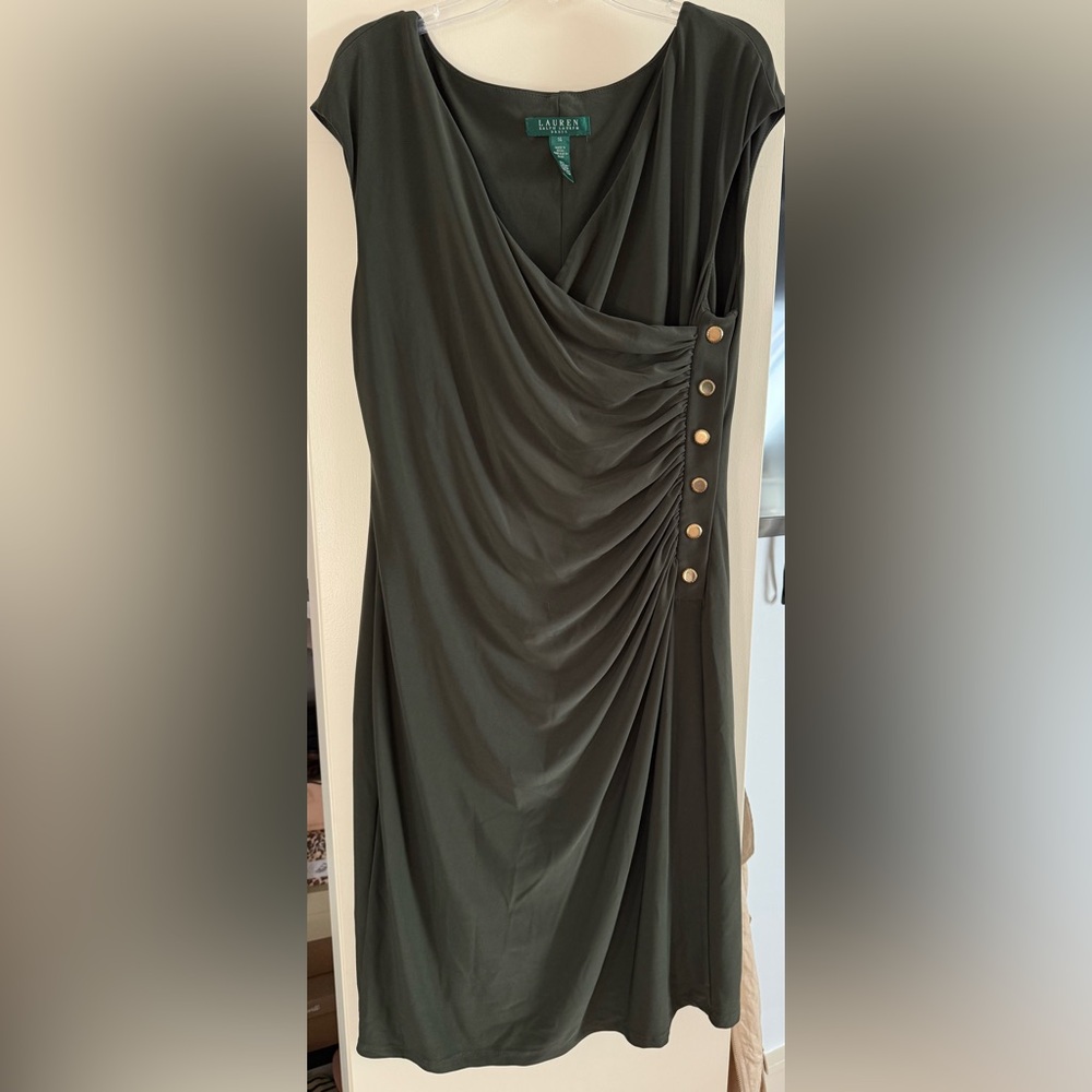 Lauren Ralph Lauren Olive Green Midi Dress with Gold Accents